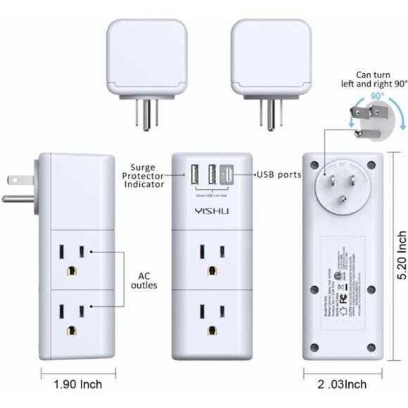 USB Multi Plug Outlet Extender - Surge Protector with Rotating Plug, 6 AC Plug - Picture 7 of 8